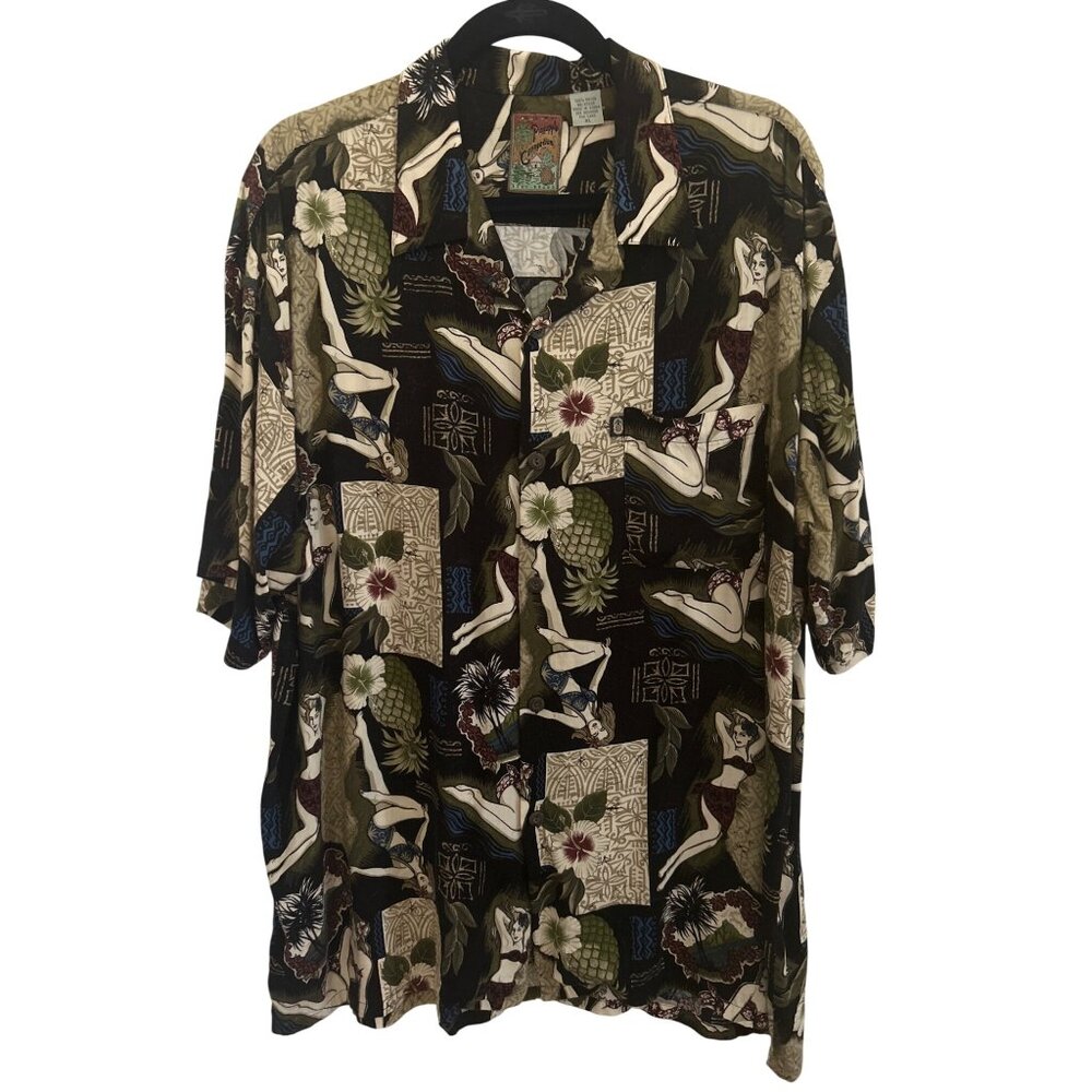 Pineapple Connection Black Green Short Sleeve Hawaiian Shirt XL Retro Print